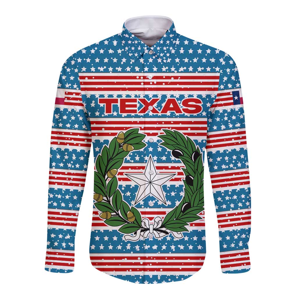 Texas Christmas Long Sleeve Button Shirt with Blue and Red Striped Festive Pattern Lone Star and Santa Motif - Wonder Print Shop