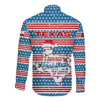 Texas Christmas Long Sleeve Button Shirt with Blue and Red Striped Festive Pattern Lone Star and Santa Motif - Wonder Print Shop