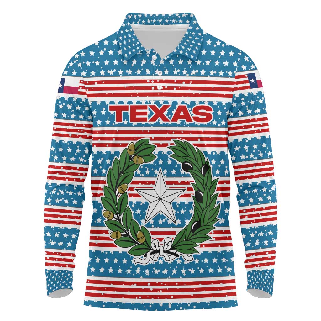 Texas Christmas Long Sleeve Polo Shirt with Blue and Red Striped Festive Pattern Lone Star and Santa Motif - Wonder Print Shop