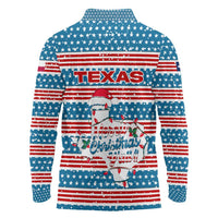 Texas Christmas Long Sleeve Polo Shirt with Blue and Red Striped Festive Pattern Lone Star and Santa Motif - Wonder Print Shop