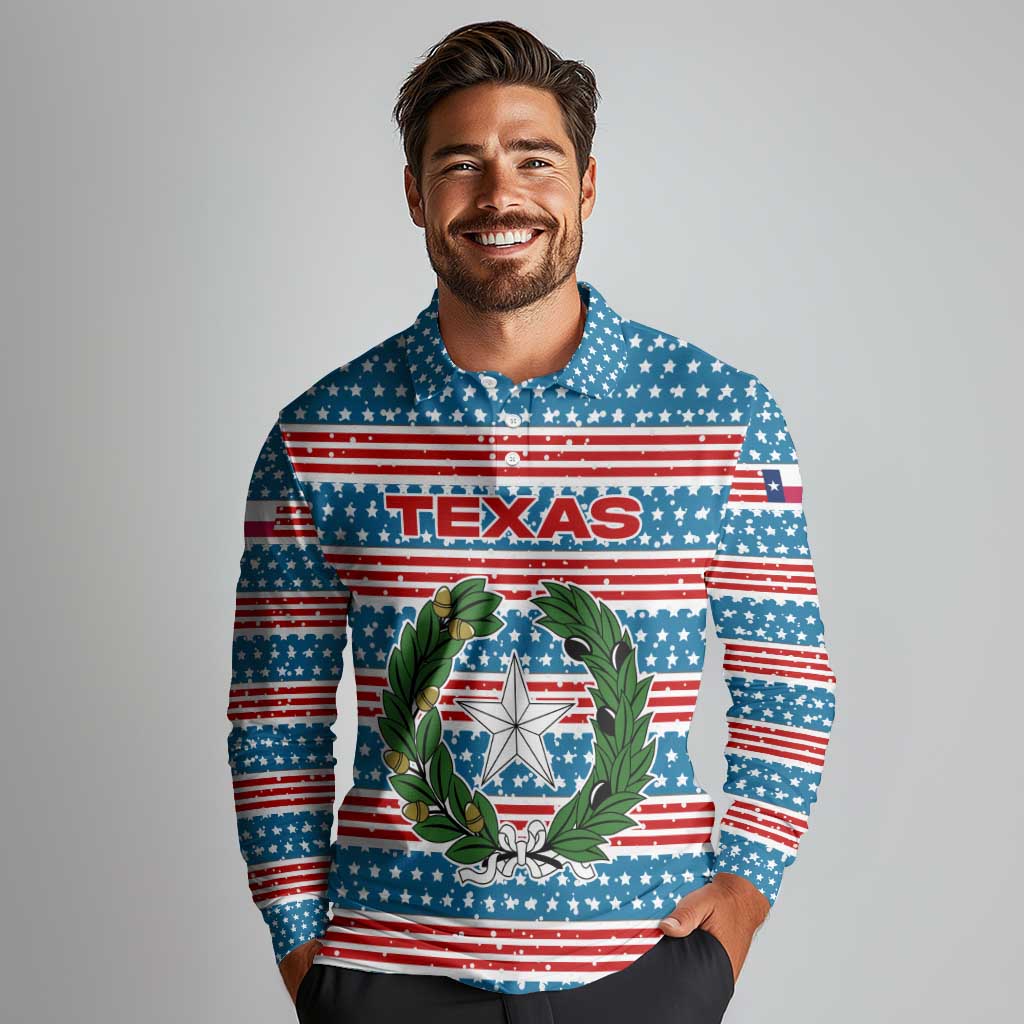 Texas Christmas Long Sleeve Polo Shirt with Blue and Red Striped Festive Pattern Lone Star and Santa Motif - Wonder Print Shop