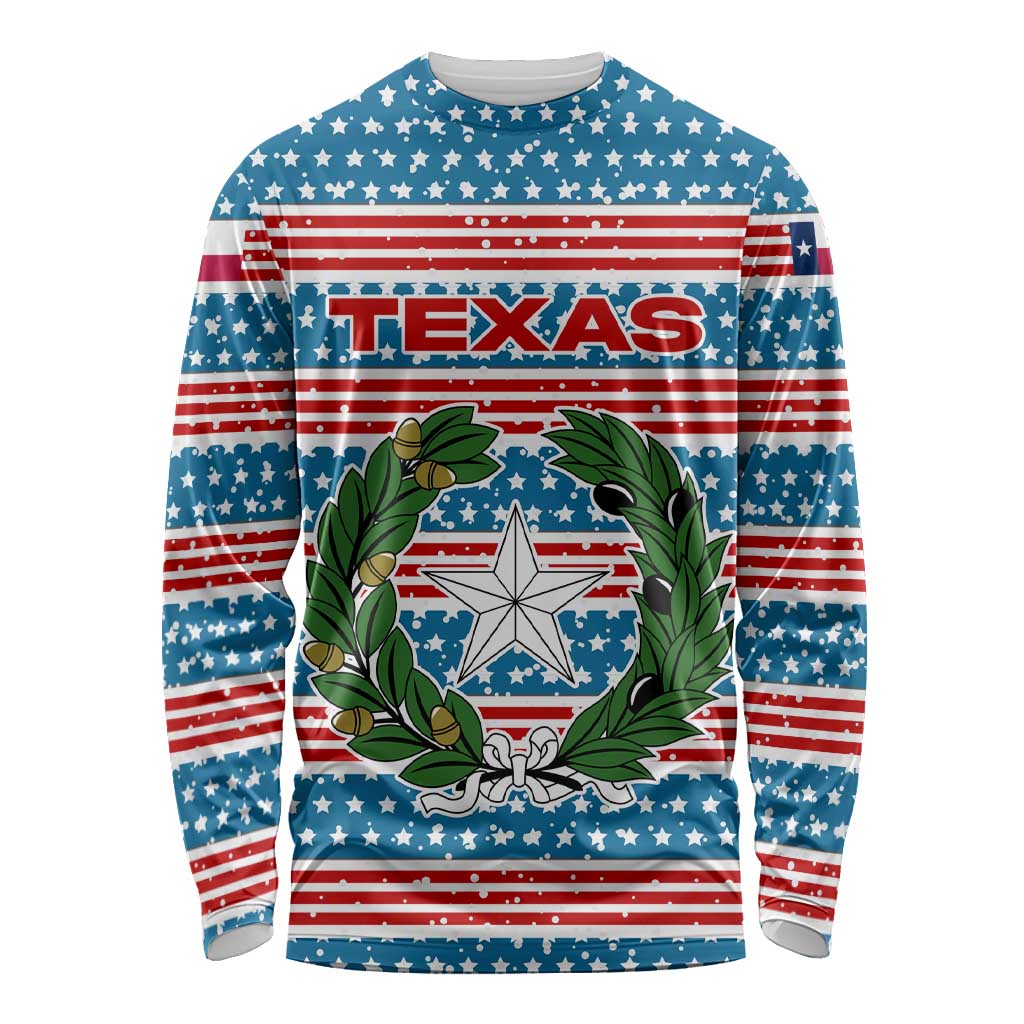 Texas Christmas Long Sleeve Shirt with Blue and Red Striped Festive Pattern Lone Star and Santa Motif - Wonder Print Shop