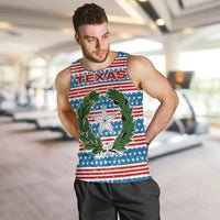 Texas Christmas Men Tank Top with Blue and Red Striped Festive Pattern Lone Star and Santa Motif - Wonder Print Shop
