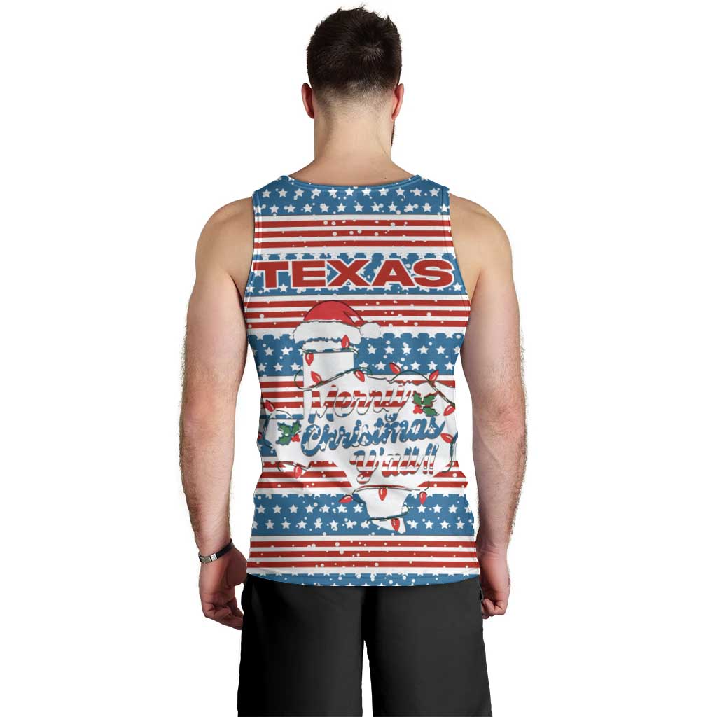 Texas Christmas Men Tank Top with Blue and Red Striped Festive Pattern Lone Star and Santa Motif - Wonder Print Shop