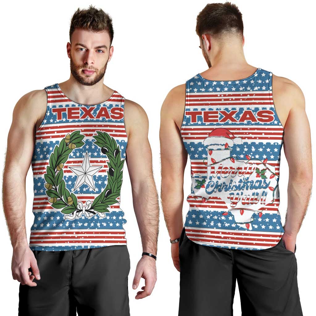 Texas Christmas Men Tank Top with Blue and Red Striped Festive Pattern Lone Star and Santa Motif - Wonder Print Shop