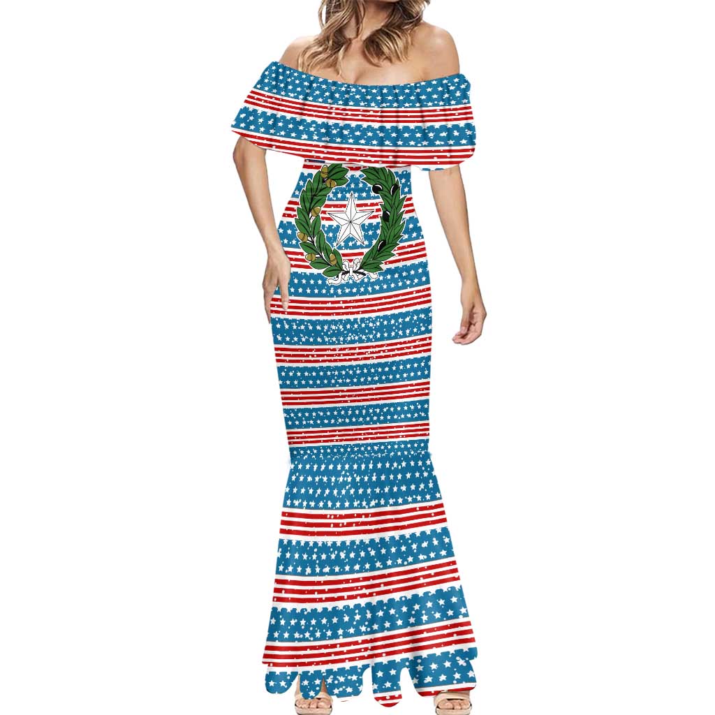 Texas Christmas Mermaid Dress with Blue and Red Striped Festive Pattern Lone Star and Santa Motif - Wonder Print Shop