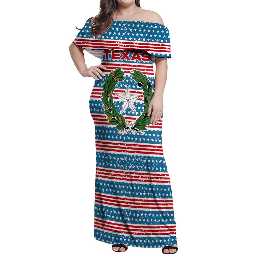 Texas Christmas Off Shoulder Maxi Dress with Blue and Red Striped Festive Pattern Lone Star and Santa Motif - Wonder Print Shop