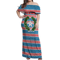 Texas Christmas Off Shoulder Maxi Dress with Blue and Red Striped Festive Pattern Lone Star and Santa Motif - Wonder Print Shop