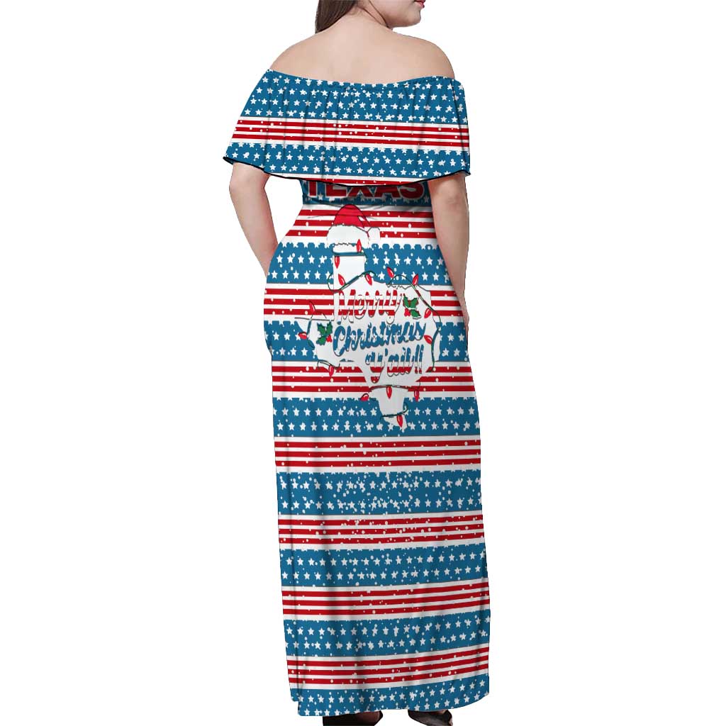 Texas Christmas Off Shoulder Maxi Dress with Blue and Red Striped Festive Pattern Lone Star and Santa Motif - Wonder Print Shop