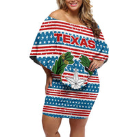 Texas Christmas Off Shoulder Short Dress with Blue and Red Striped Festive Pattern Lone Star and Santa Motif - Wonder Print Shop