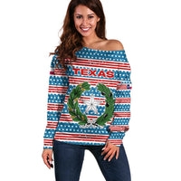 Texas Christmas Off Shoulder Sweater with Blue and Red Striped Festive Pattern Lone Star and Santa Motif - Wonder Print Shop