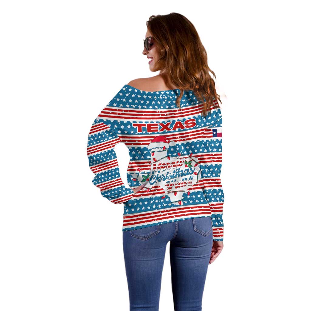 Texas Christmas Off Shoulder Sweater with Blue and Red Striped Festive Pattern Lone Star and Santa Motif - Wonder Print Shop