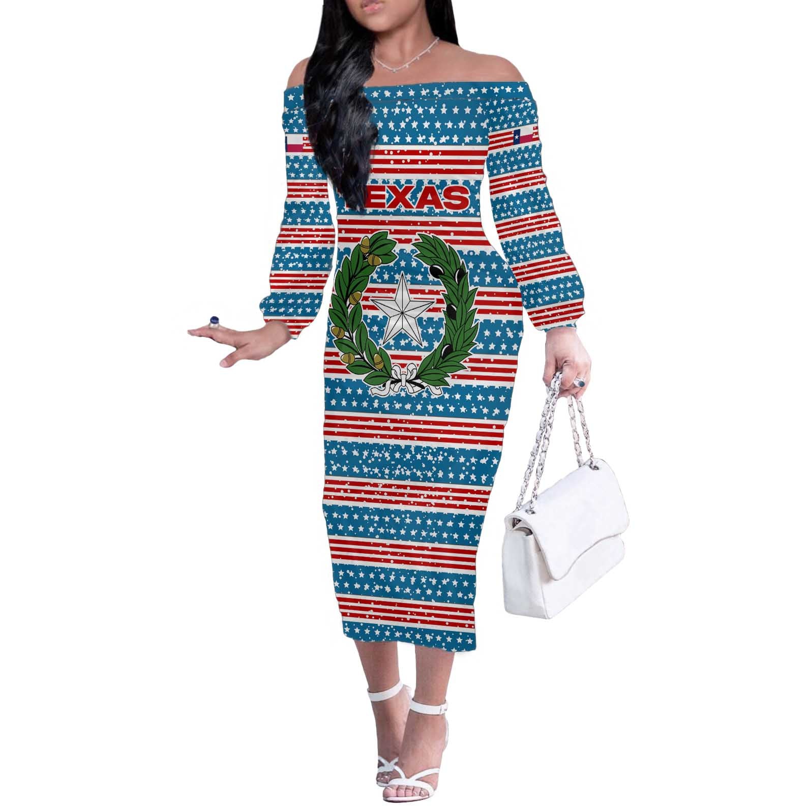 Texas Christmas Off The Shoulder Long Sleeve Dress with Blue and Red Striped Festive Pattern Lone Star and Santa Motif - Wonder Print Shop