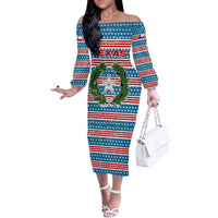 Texas Christmas Off The Shoulder Long Sleeve Dress with Blue and Red Striped Festive Pattern Lone Star and Santa Motif - Wonder Print Shop