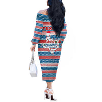 Texas Christmas Off The Shoulder Long Sleeve Dress with Blue and Red Striped Festive Pattern Lone Star and Santa Motif - Wonder Print Shop