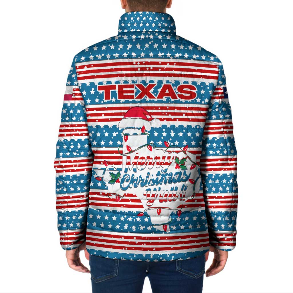 Texas Christmas Padded Jacket with Blue and Red Striped Festive Pattern Lone Star and Santa Motif - Wonder Print Shop