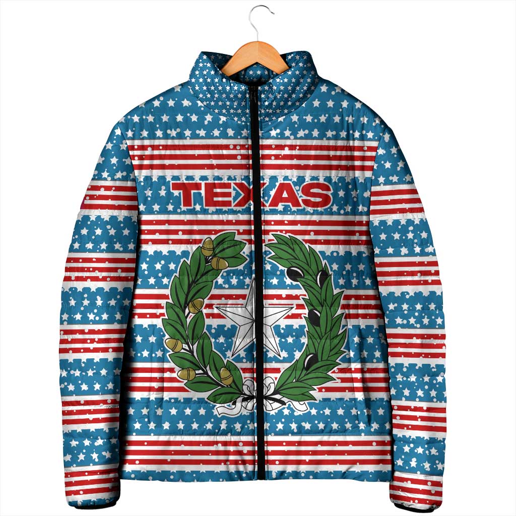 Texas Christmas Padded Jacket with Blue and Red Striped Festive Pattern Lone Star and Santa Motif - Wonder Print Shop