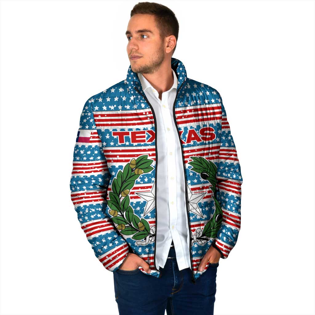 Texas Christmas Padded Jacket with Blue and Red Striped Festive Pattern Lone Star and Santa Motif - Wonder Print Shop