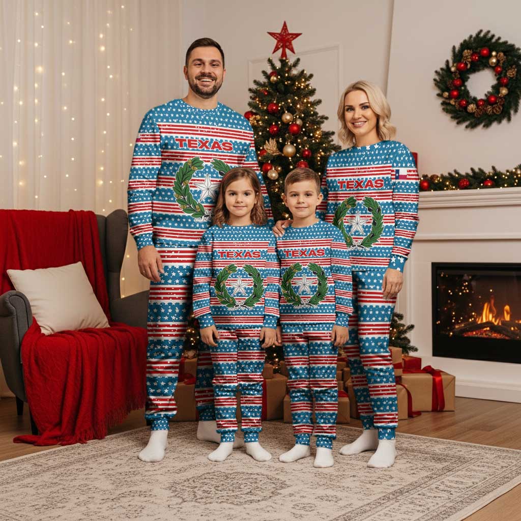Texas Christmas Pajama Set with Blue and Red Striped Festive Pattern Lone Star and Santa Motif - Wonder Print Shop