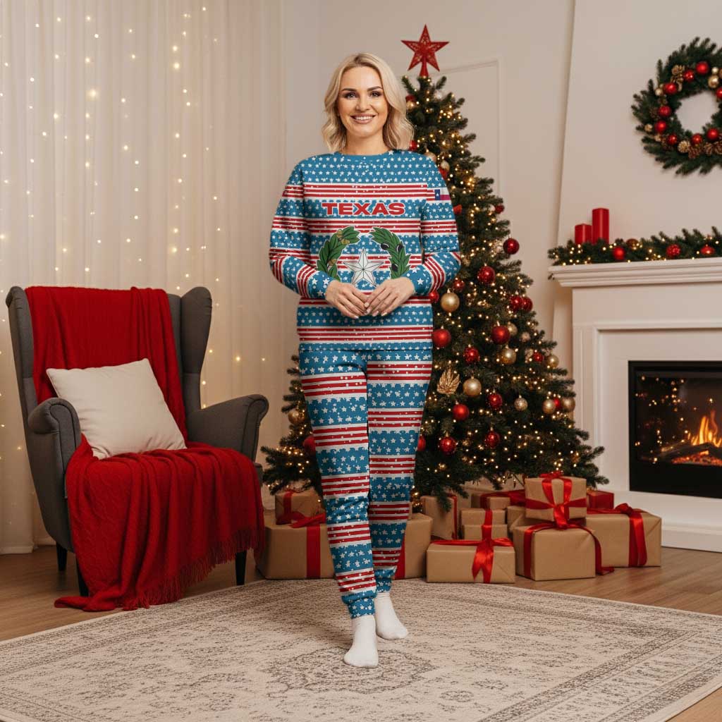 Texas Christmas Pajama Set with Blue and Red Striped Festive Pattern Lone Star and Santa Motif - Wonder Print Shop