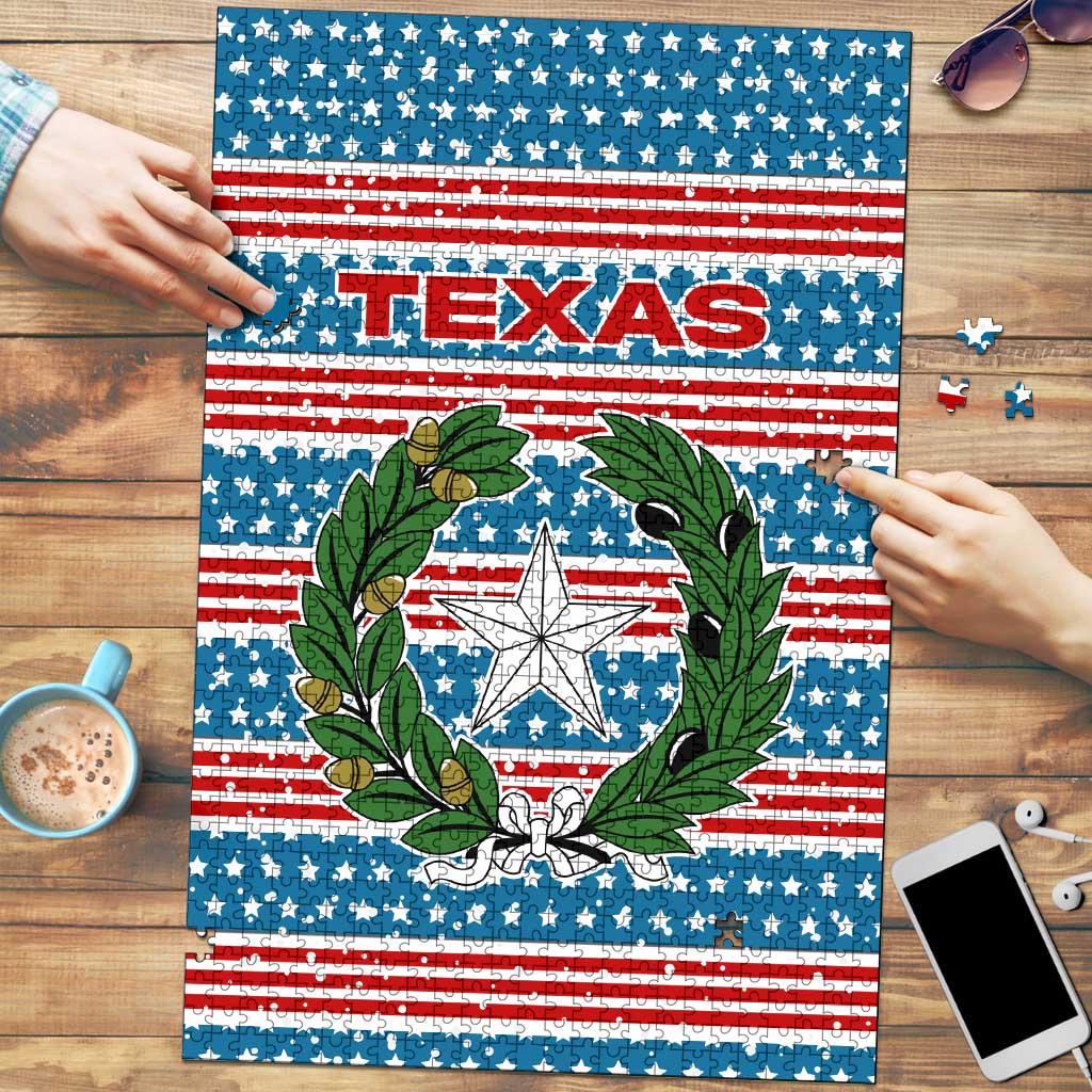 Texas Christmas Puzzle with Blue and Red Striped Festive Pattern Lone Star and Santa Motif - Wonder Print Shop