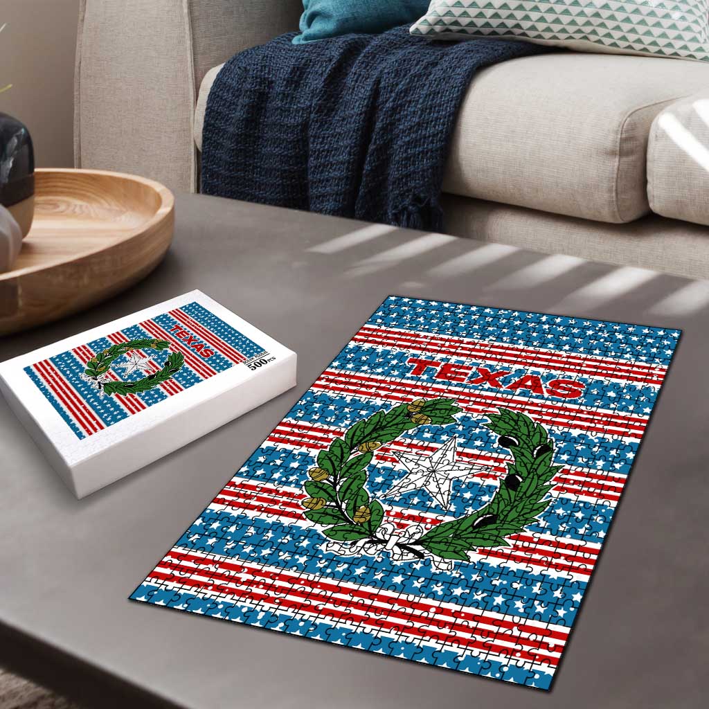 Texas Christmas Puzzle with Blue and Red Striped Festive Pattern Lone Star and Santa Motif - Wonder Print Shop
