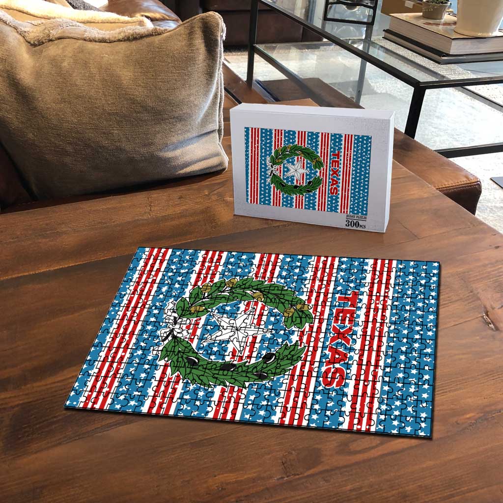 Texas Christmas Puzzle with Blue and Red Striped Festive Pattern Lone Star and Santa Motif - Wonder Print Shop