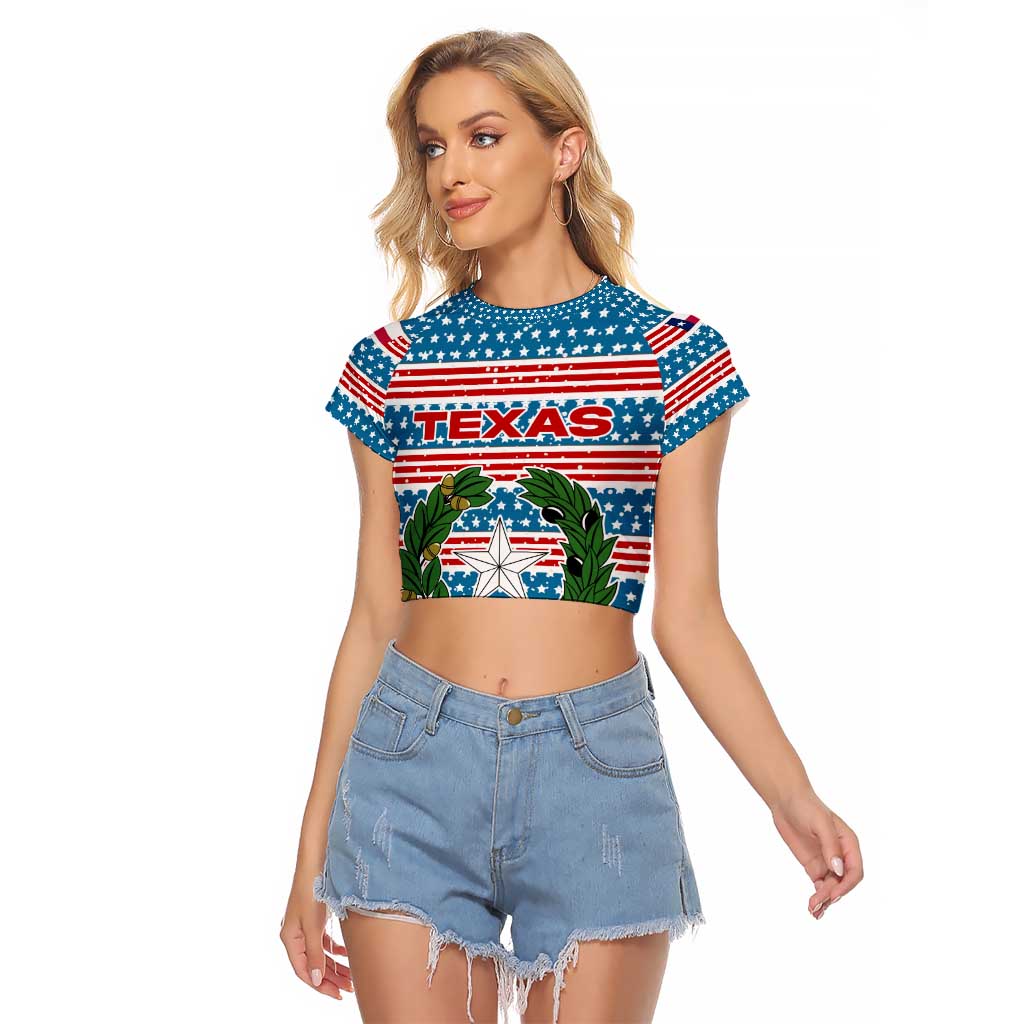 Texas Christmas Raglan Cropped T Shirt with Blue and Red Striped Festive Pattern Lone Star and Santa Motif - Wonder Print Shop