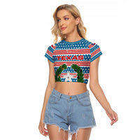 Texas Christmas Raglan Cropped T Shirt with Blue and Red Striped Festive Pattern Lone Star and Santa Motif - Wonder Print Shop