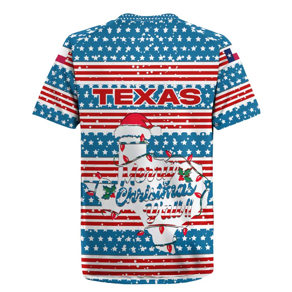 Texas Christmas Rugby Jersey with Blue and Red Striped Festive Pattern Lone Star and Santa Motif - Wonder Print Shop