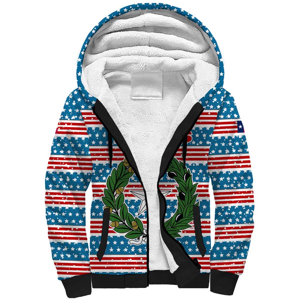 Texas Christmas Sherpa Hoodie with Blue and Red Striped Festive Pattern Lone Star and Santa Motif - Wonder Print Shop