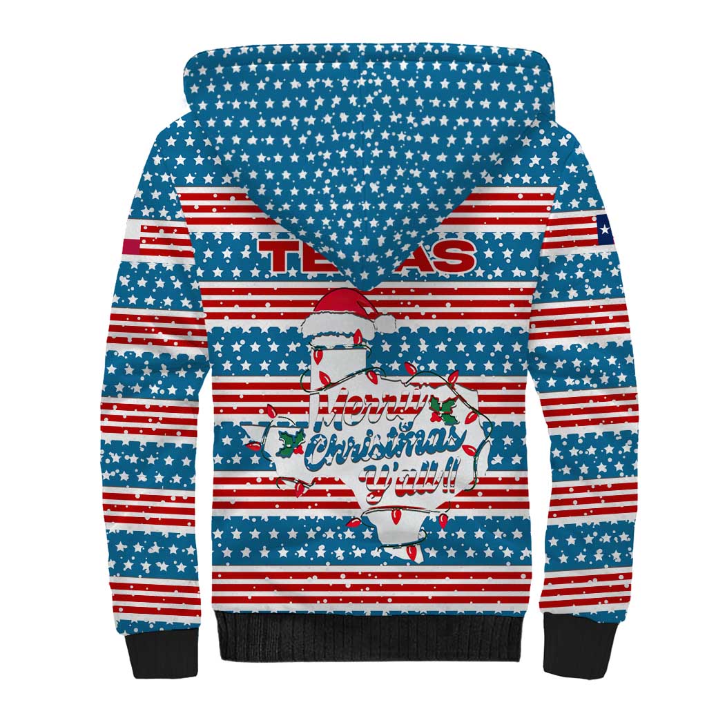 Texas Christmas Sherpa Hoodie with Blue and Red Striped Festive Pattern Lone Star and Santa Motif - Wonder Print Shop