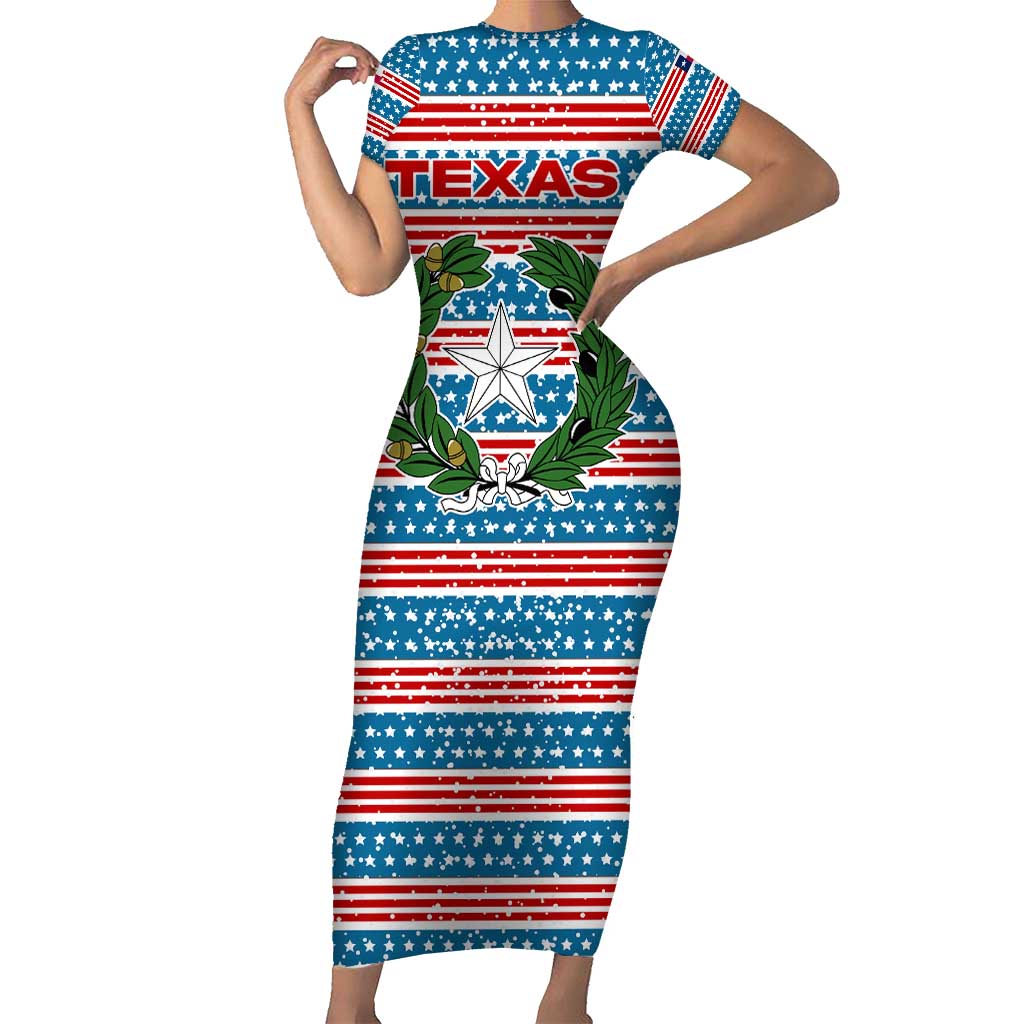 Texas Christmas Short Sleeve Bodycon Dress with Blue and Red Striped Festive Pattern Lone Star and Santa Motif - Wonder Print Shop