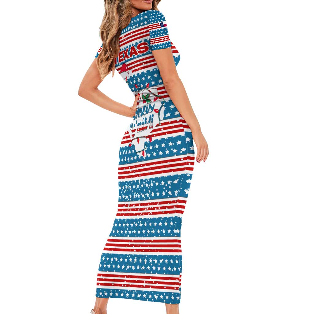 Texas Christmas Short Sleeve Bodycon Dress with Blue and Red Striped Festive Pattern Lone Star and Santa Motif - Wonder Print Shop