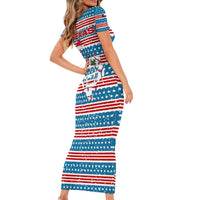 Texas Christmas Short Sleeve Bodycon Dress with Blue and Red Striped Festive Pattern Lone Star and Santa Motif - Wonder Print Shop