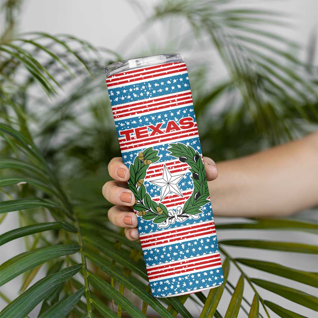 Texas Christmas Skinny Tumbler with Blue and Red Striped Festive Pattern Lone Star and Santa Motif - Wonder Print Shop