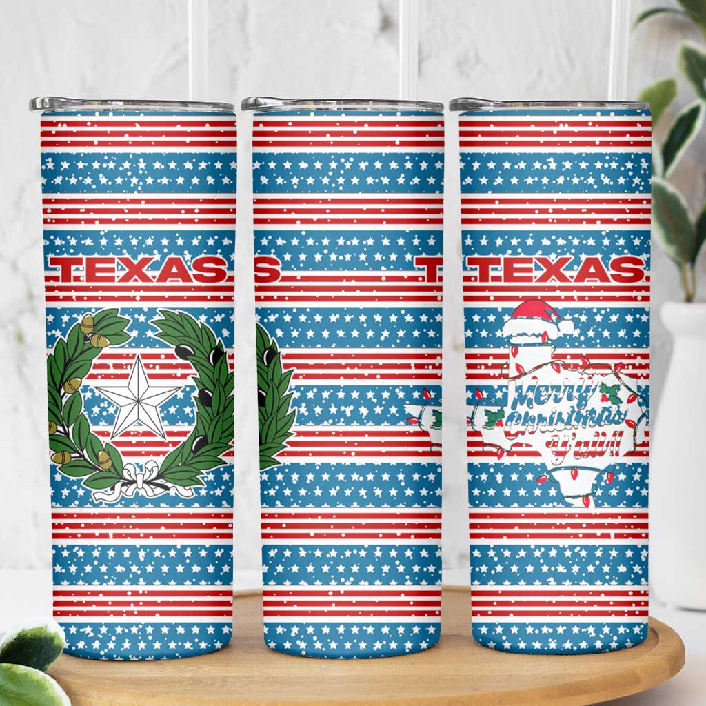 Texas Christmas Skinny Tumbler with Blue and Red Striped Festive Pattern Lone Star and Santa Motif - Wonder Print Shop