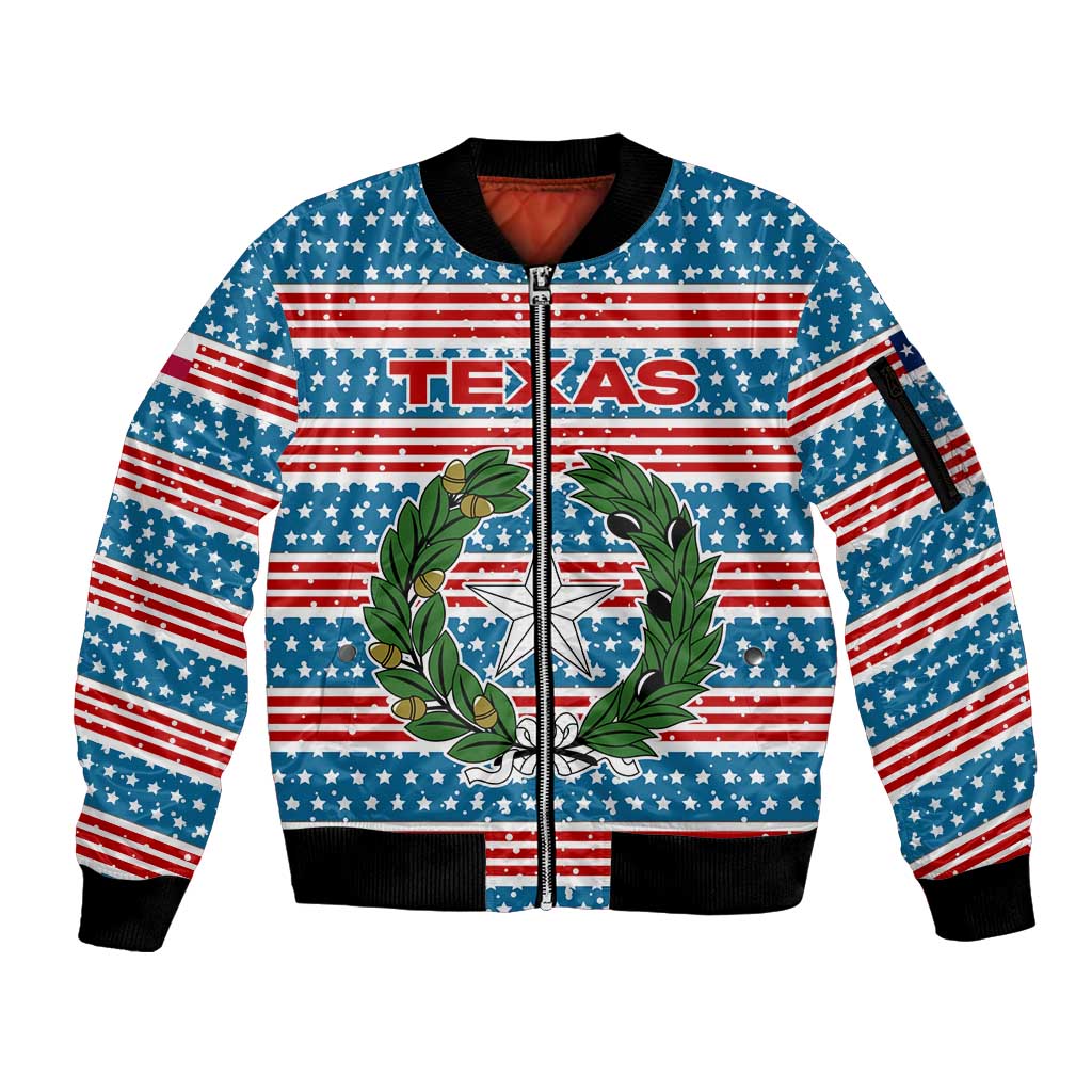 Texas Christmas Sleeve Zip Bomber Jacket with Blue and Red Striped Festive Pattern Lone Star and Santa Motif - Wonder Print Shop