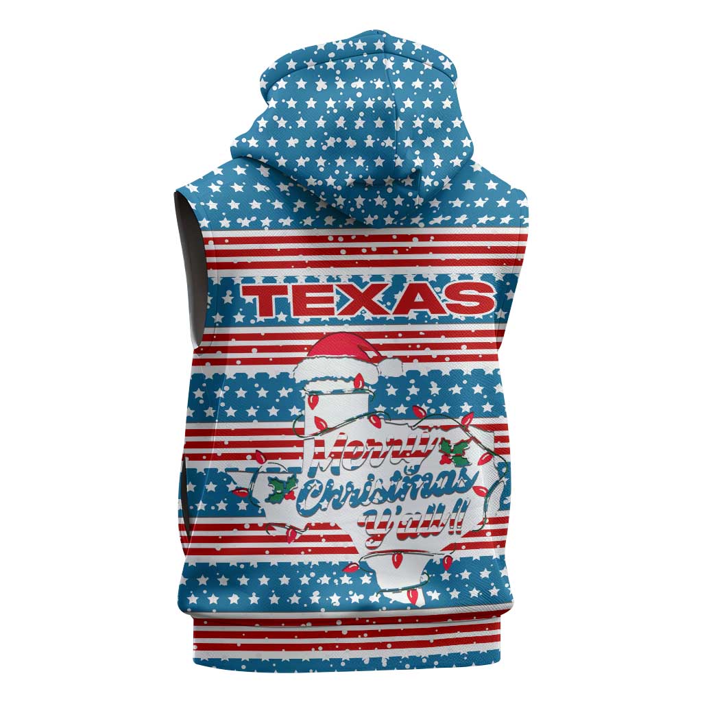 Texas Christmas Sleeveless Hoodie with Blue and Red Striped Festive Pattern Lone Star and Santa Motif - Wonder Print Shop