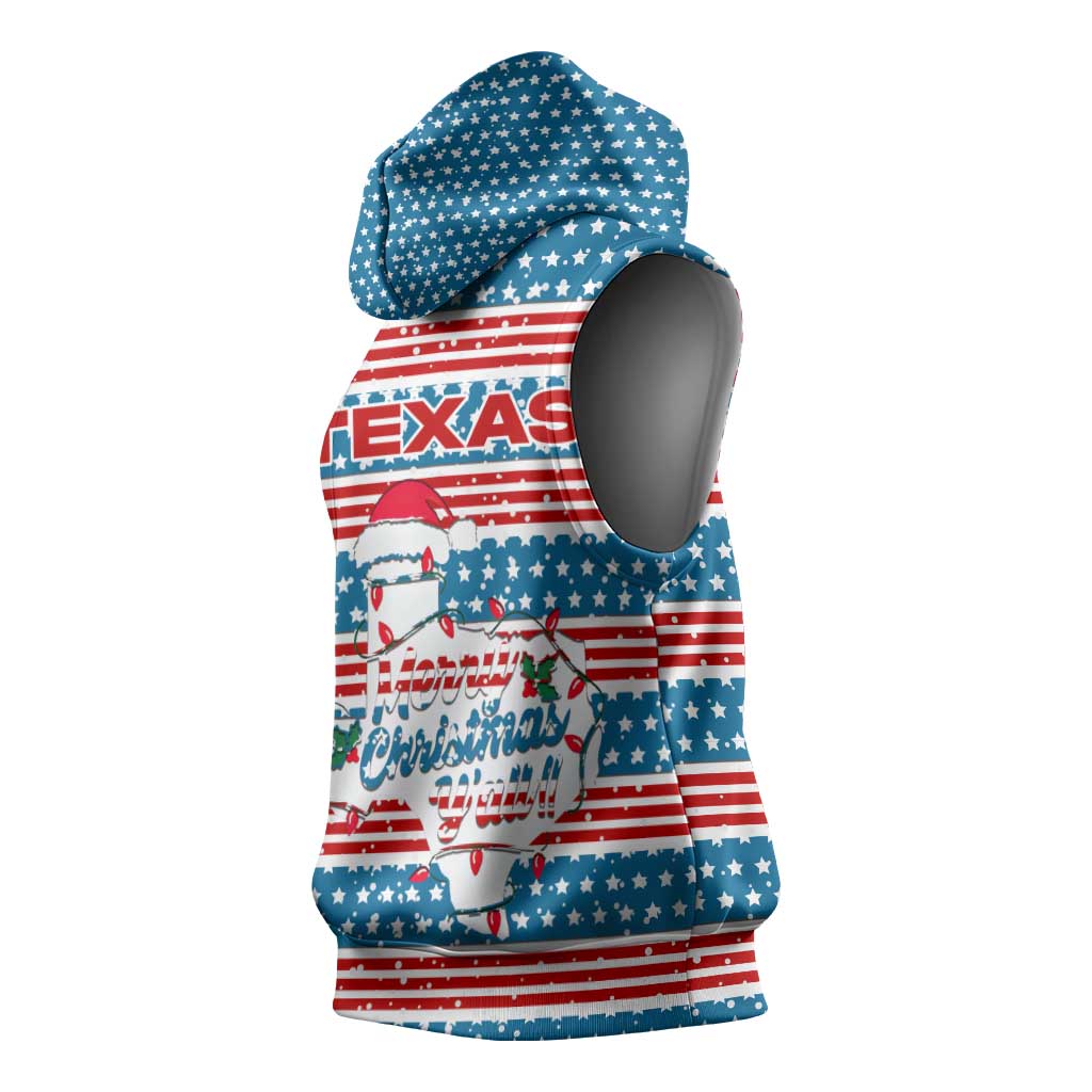 Texas Christmas Sleeveless Hoodie with Blue and Red Striped Festive Pattern Lone Star and Santa Motif - Wonder Print Shop