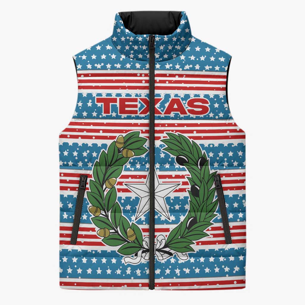 Texas Christmas Sleeveless Puffer Jacket with Blue and Red Striped Festive Pattern Lone Star and Santa Motif - Wonder Print Shop