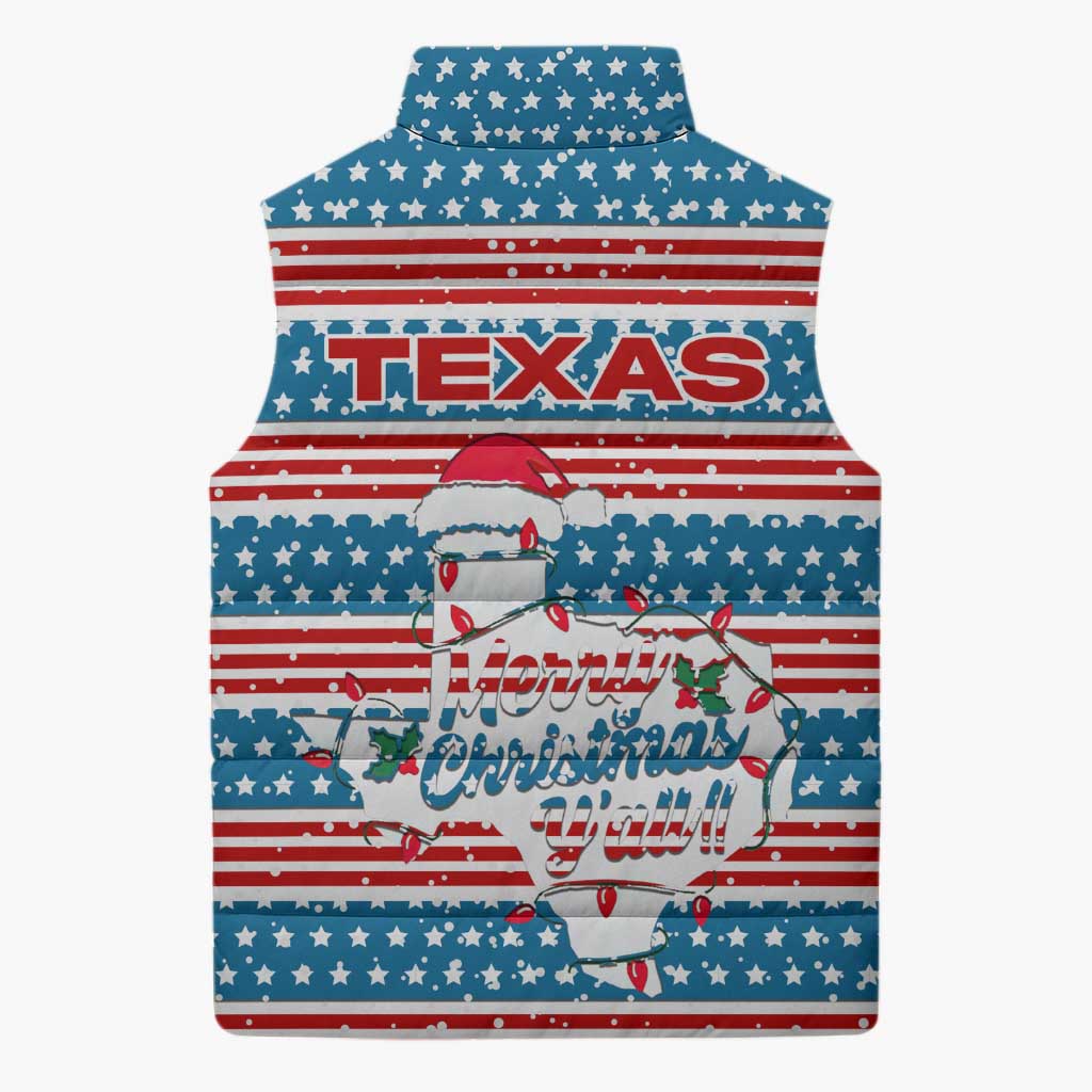 Texas Christmas Sleeveless Puffer Jacket with Blue and Red Striped Festive Pattern Lone Star and Santa Motif - Wonder Print Shop
