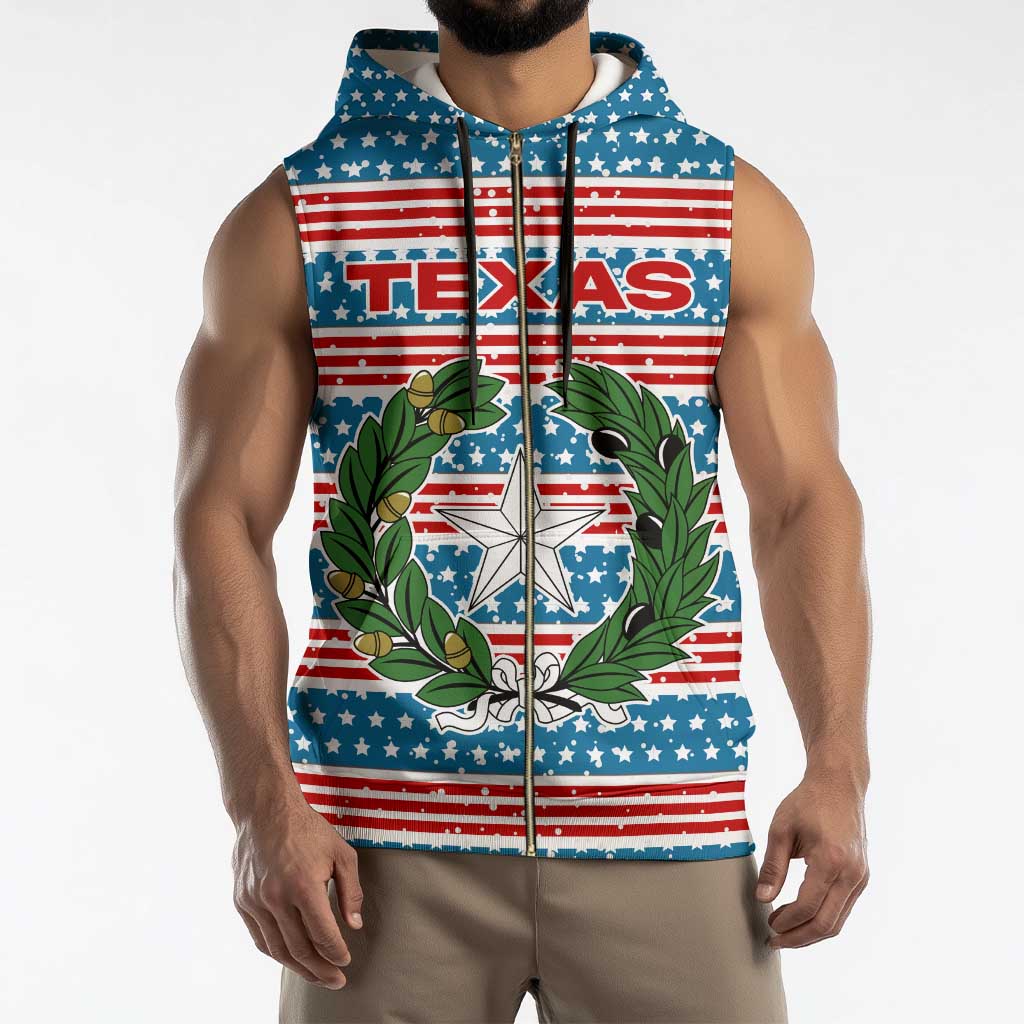 Texas Christmas Sleeveless Zip Hoodie with Blue and Red Striped Festive Pattern Lone Star and Santa Motif - Wonder Print Shop