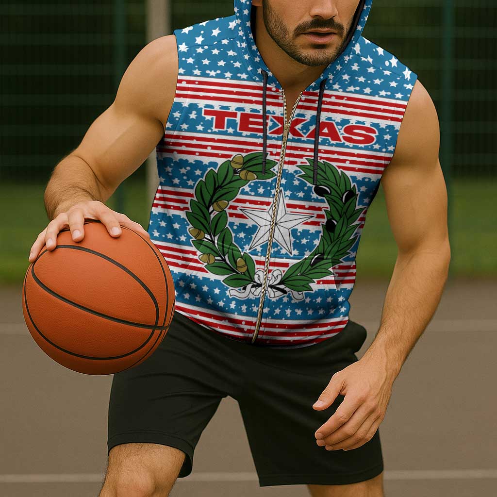 Texas Christmas Sleeveless Zip Hoodie with Blue and Red Striped Festive Pattern Lone Star and Santa Motif - Wonder Print Shop