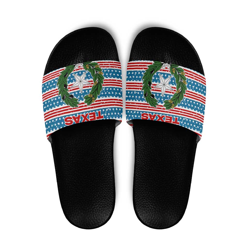 Texas Christmas Slide Sandals with Blue and Red Striped Festive Pattern Lone Star and Santa Motif - Wonder Print Shop
