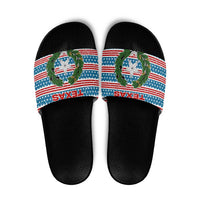 Texas Christmas Slide Sandals with Blue and Red Striped Festive Pattern Lone Star and Santa Motif - Wonder Print Shop