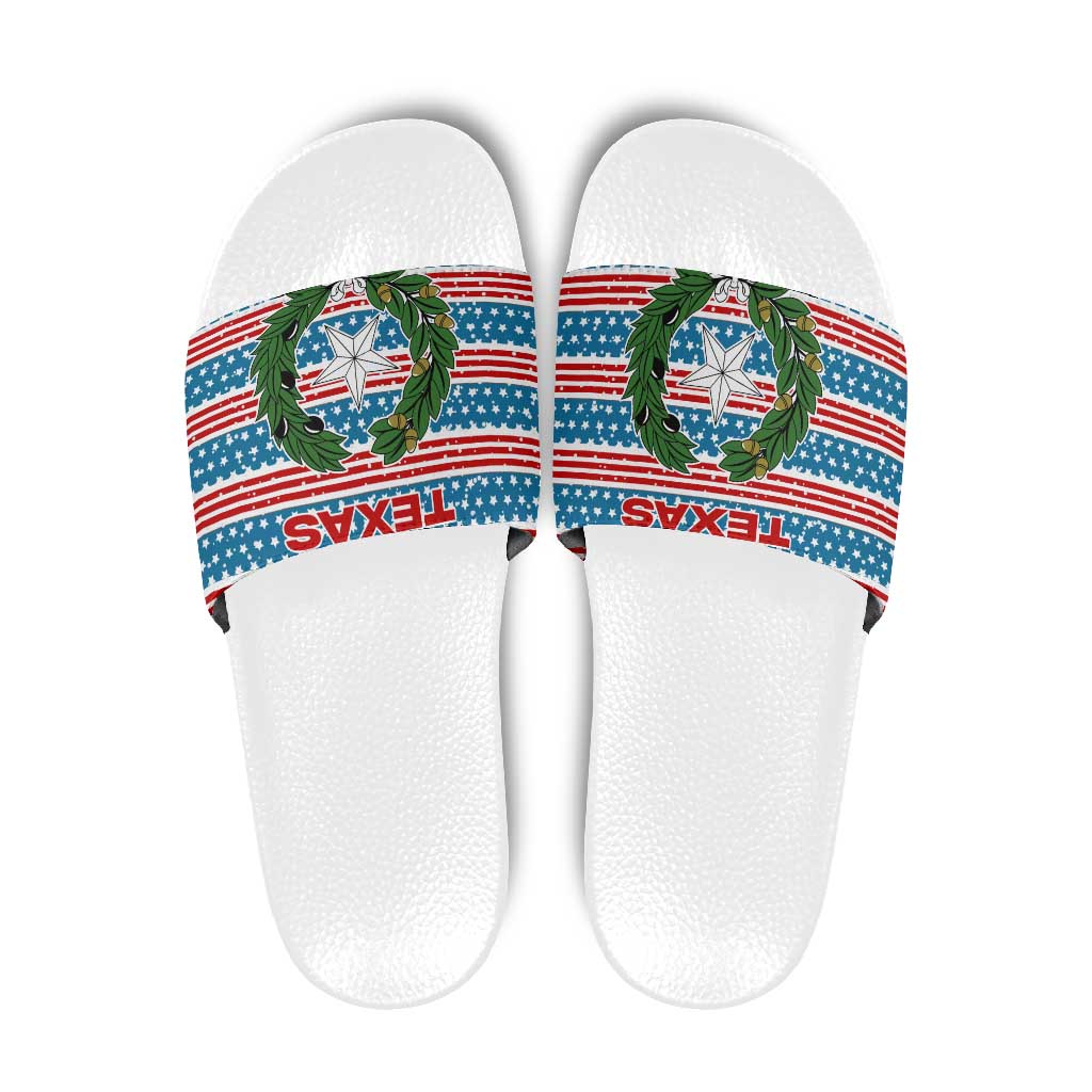 Texas Christmas Slide Sandals with Blue and Red Striped Festive Pattern Lone Star and Santa Motif - Wonder Print Shop