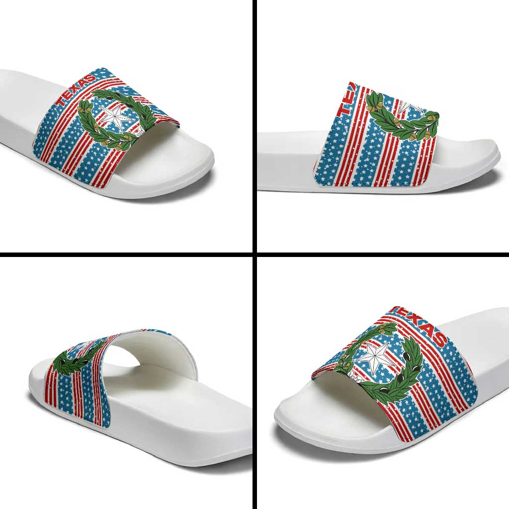 Texas Christmas Slide Sandals with Blue and Red Striped Festive Pattern Lone Star and Santa Motif - Wonder Print Shop