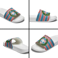 Texas Christmas Slide Sandals with Blue and Red Striped Festive Pattern Lone Star and Santa Motif - Wonder Print Shop