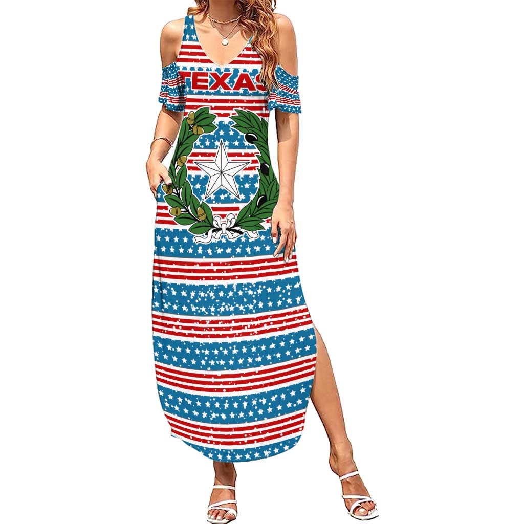 Texas Christmas Summer Maxi Dress with Blue and Red Striped Festive Pattern Lone Star and Santa Motif - Wonder Print Shop